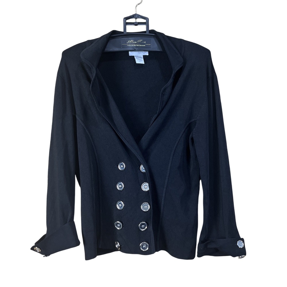 Vintage Spiegel Ribbed Knit Silver Button Blazer Women‎ L Black Double Breasted